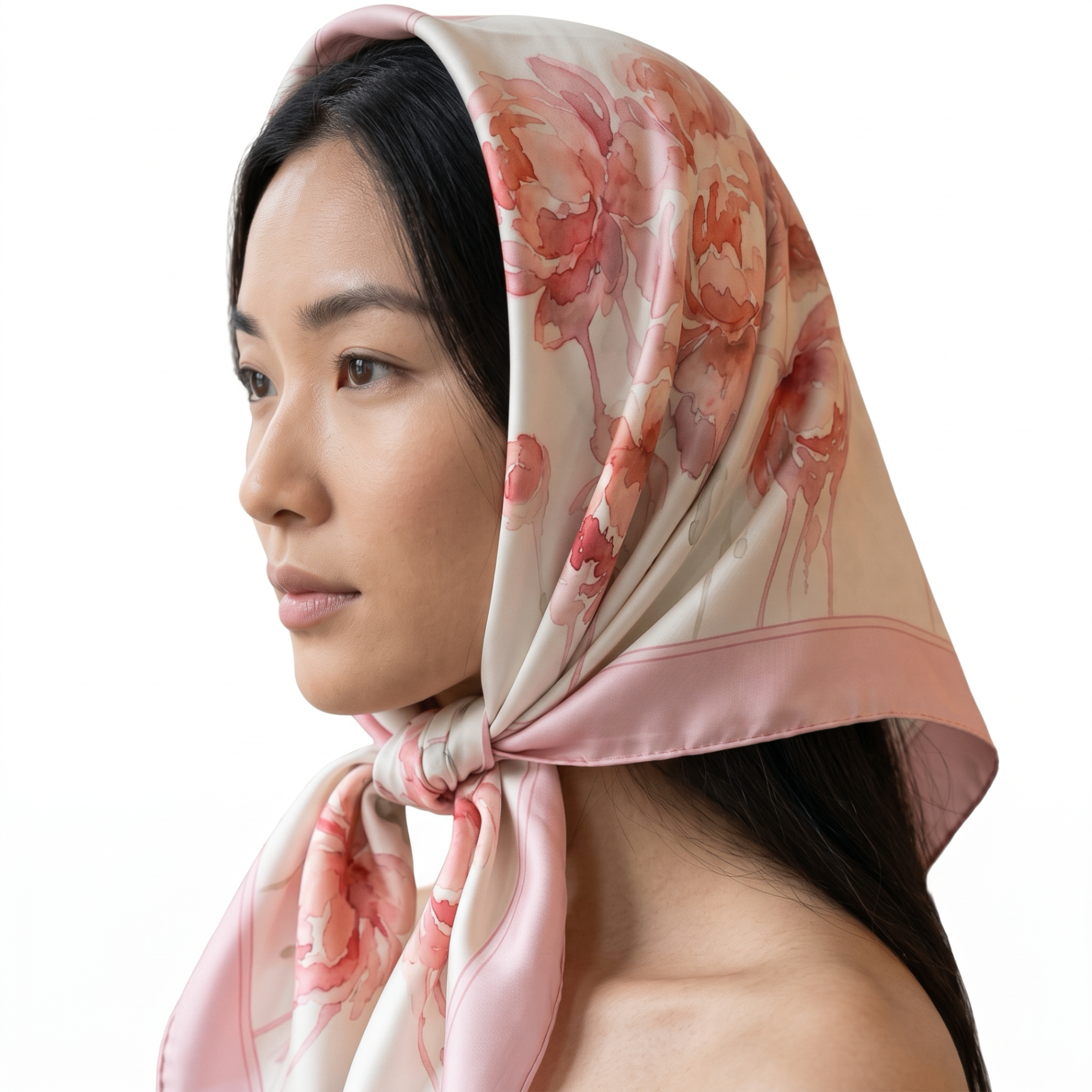 The LISSNER Watercolor Peonies scarf worn as a headscarf